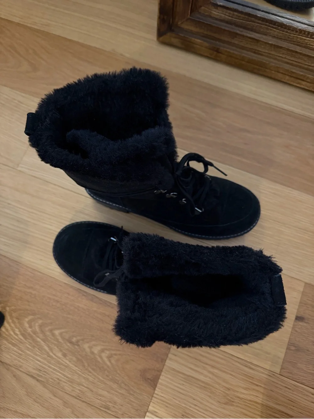 Stuart Weitzman Black Suede Fleece-Lined Lace-Up Ankle Boots